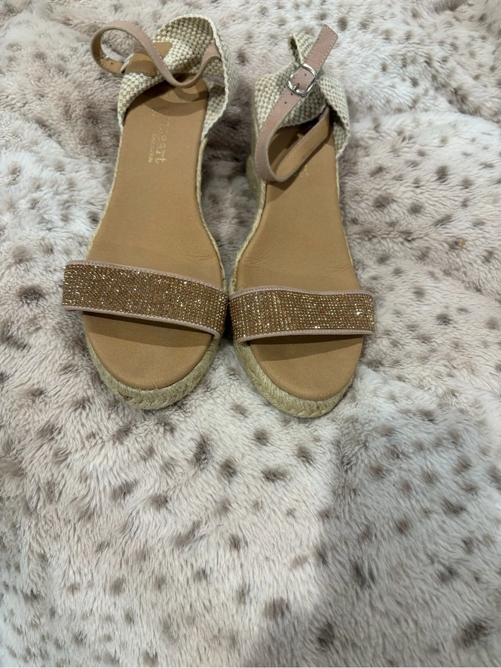 Espadrille Wedge Sandals in Beige with Embellished Strap